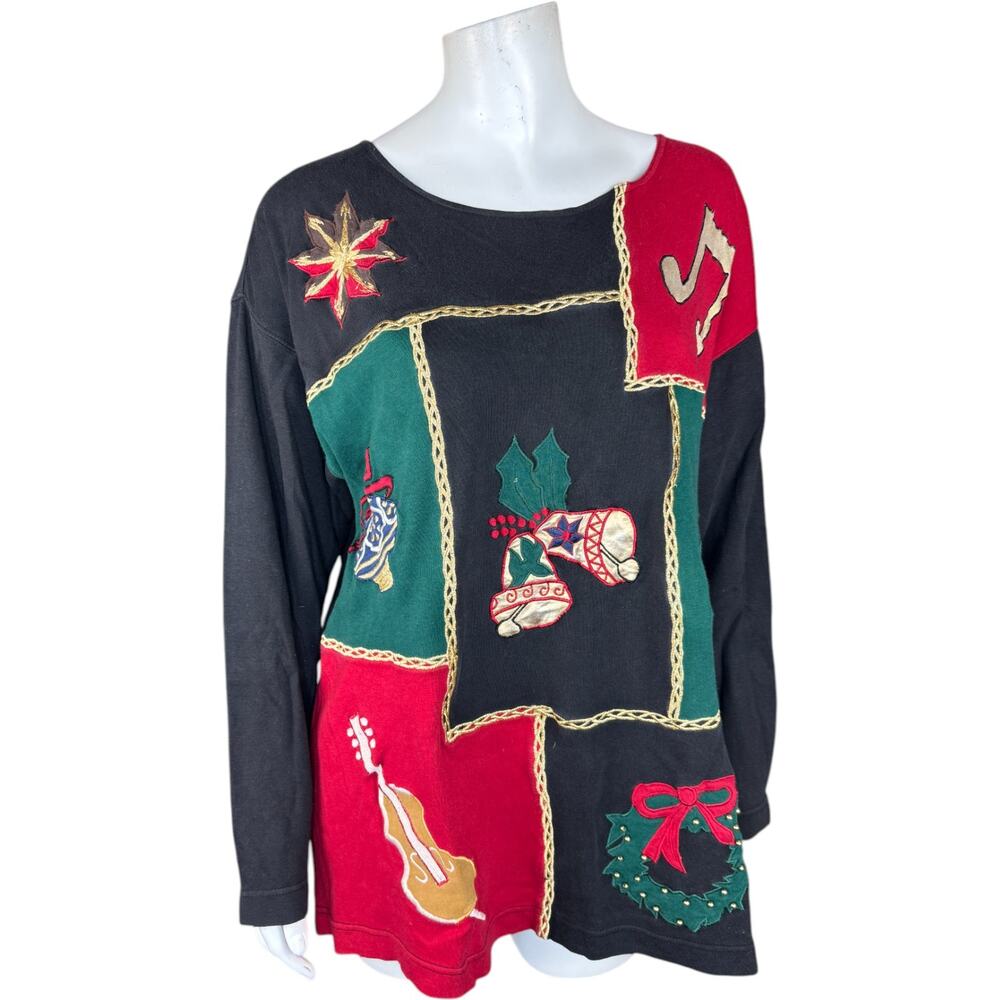 Chaus Sport Vintage Christmas Sweatshirt‎ Black Patchwork Bells Wreath Guitar M
